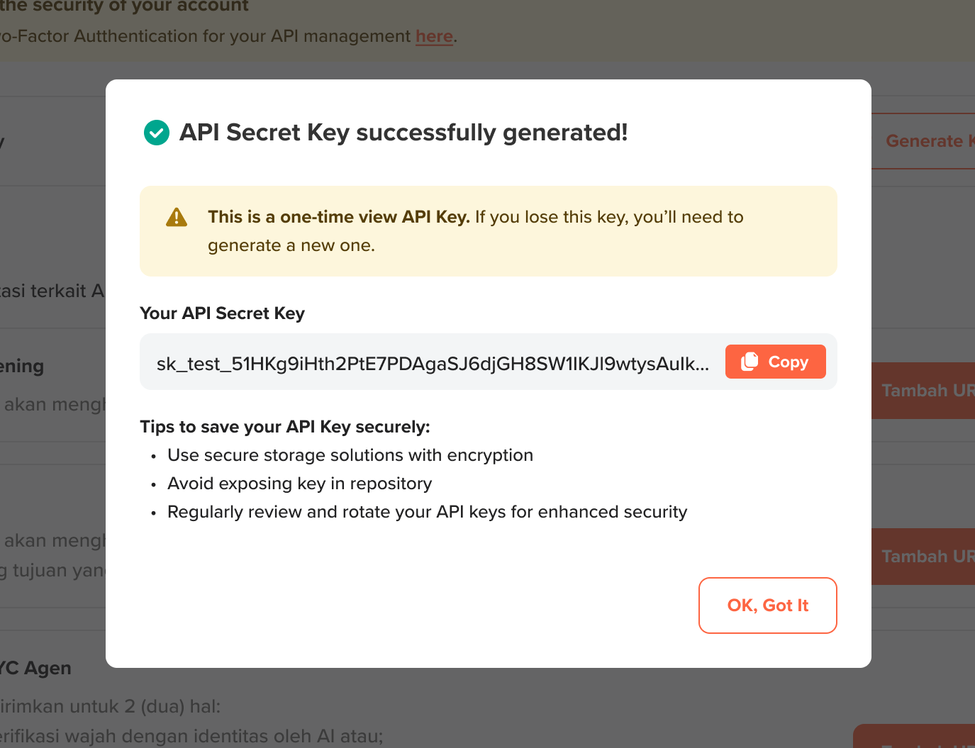 copy api secret key