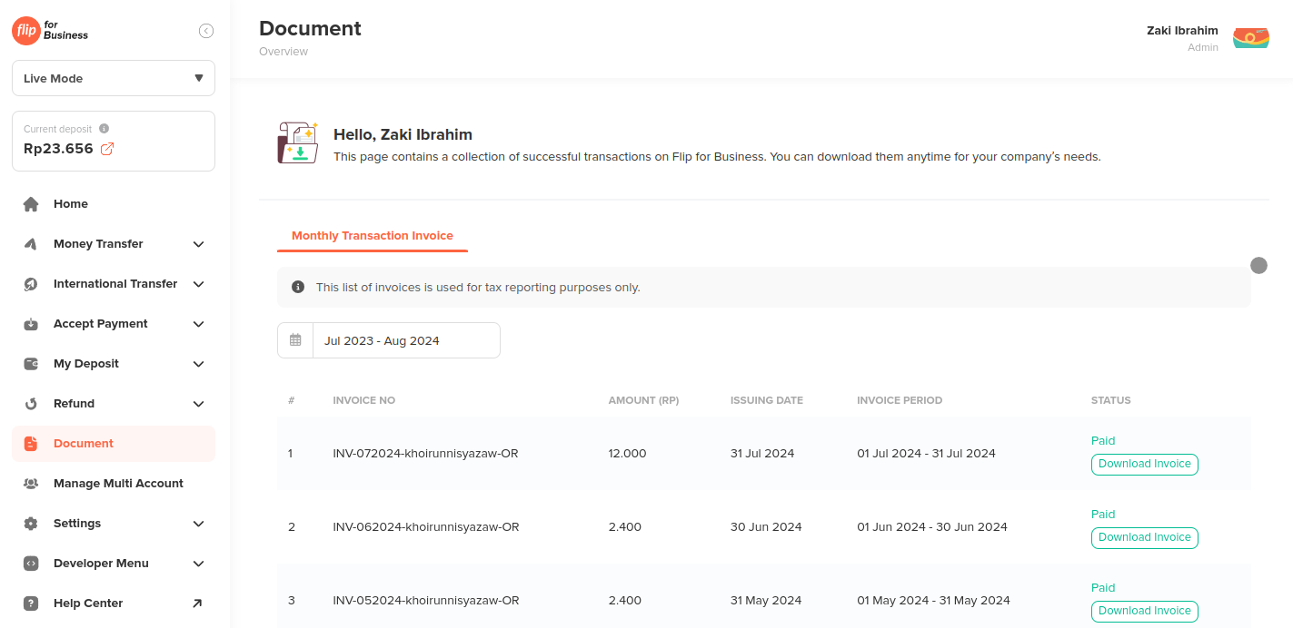document dashboard page
