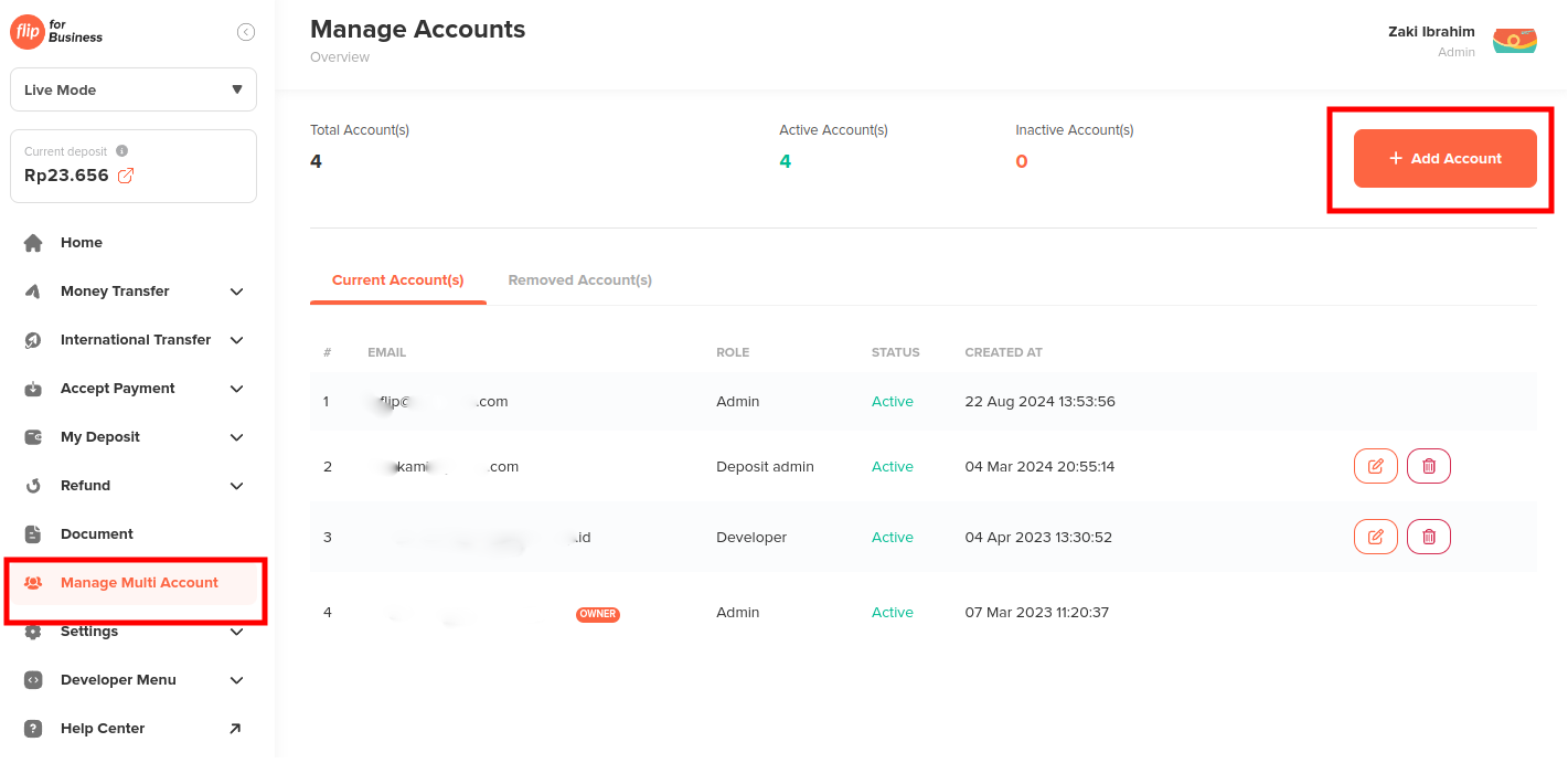 Manage Account Page