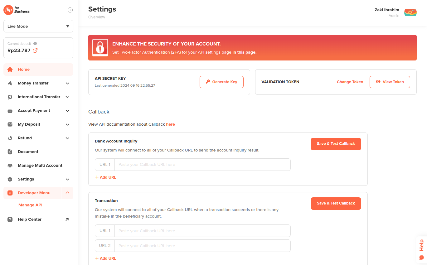 Live Mode API Secret Key